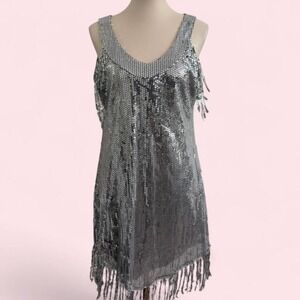 Vintage Underwraps A Cut Above Silver Sequin Fringe Mini Dress — Size M